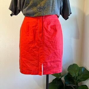 Vintage Red Linen Cotton White Stitched Pockets Mini Skirt Size 14 / Large